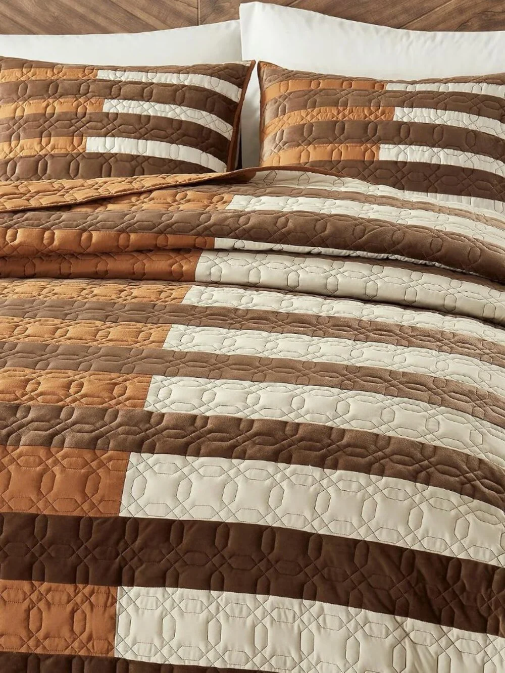 Patchwork Quilt Set King, All-Season Bedding, Brown Boho Coverlet Soft Multi-Mat